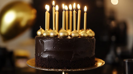 A chocolate fudge cake topped with metallic gold candles, set against a luxurious black and gold party themeの素材