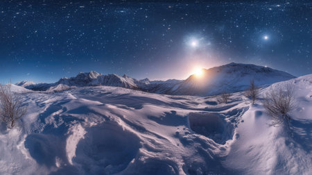 Snow drifts glowing in moonlight, creating a peaceful and ethereal winter landscape under a clear, starry skyの素材