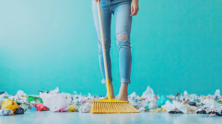 A person in a casual outfit sweeping garbage on a clean floor with a plastic broom, set against a simple backgroundの素材