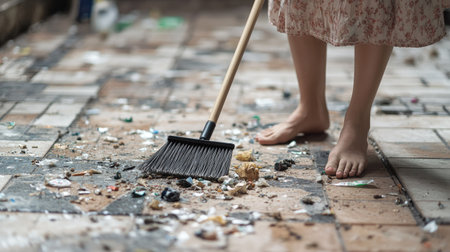 A woman sweeping small trash from a tiled floor with a plastic broom, focused on the debris and broom movementの素材