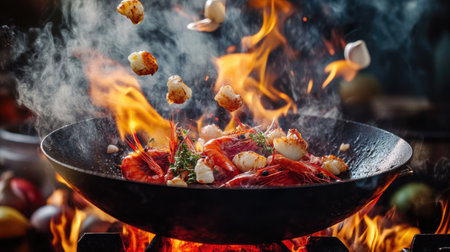 A wok pan tossing fresh seafood, garlic cloves, and herbs into the air, surrounded by glowing flames in a professional kitchen settingの素材