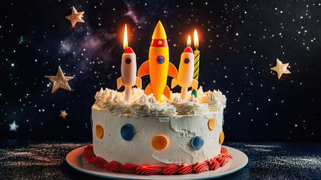 A space-themed cake with rocket decorations and vibrant orange and yellow candles, set against a starry backdropの素材