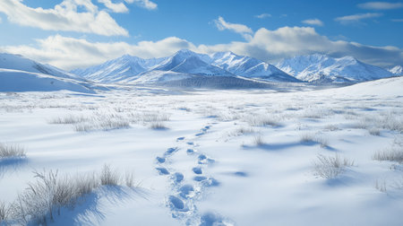 Sparkling snow drifts in an open meadow, with animal tracks winding through and a line of snow-capped mountains in the distanceの素材