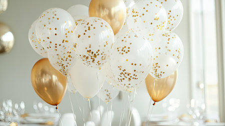 A sophisticated mix of clear, white, and gold confetti-filled balloons floating above a glass table with minimalist decorの素材
