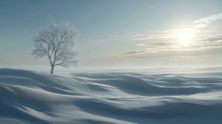 Wind-blown snow drifts sparkling against a backdrop of frozen tundra, with a lone tree standing tall under the vast, open skyの素材