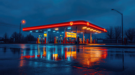 A gas station with neon lights and street lamps casting reflections on the wet pavement, creating a moody nighttime atmosphereの素材