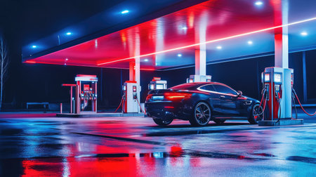 A gas station at night with fuel pumps glowing in the dark and a sleek car parked, reflecting the lights on its polished surfaceの素材