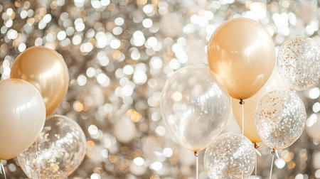 A glamorous setup of champagne-colored balloons mixed with clear confetti-filled ones, floating near a sparkling sequin backdropの素材