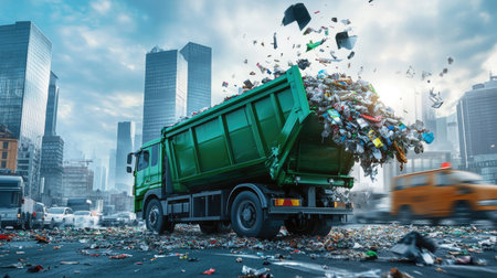 A green garbage truck lifting a dumpster with its hydraulic arm, waste spilling into the back, with a cityscape in the backgroundの素材