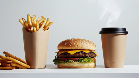 A juicy cheeseburger, crispy fries, and a steaming coffee cup, styled with eco-conscious cardboard packaging on a white surfaceの素材