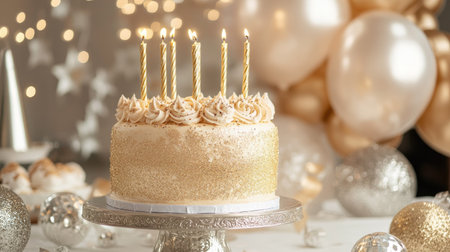 A glittering gold birthday cake with matching gold candles, surrounded by festive silver and gold party decorの素材