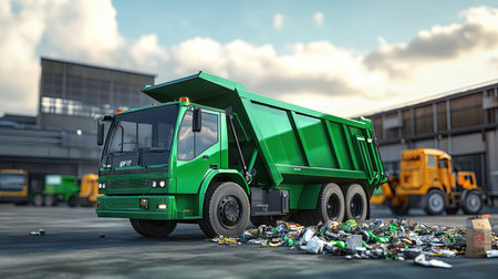 A green garbage truck, front loader raised high as it empties a large dumpster, with an industrial warehouse in the backgroundの素材
