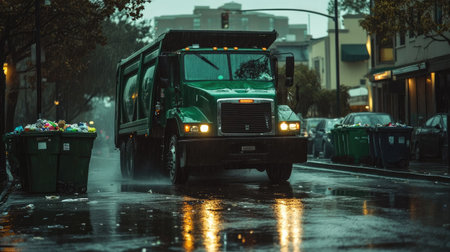 A green garbage truck on a rainy day, its headlights reflecting off the wet pavement as it collects waste from curbside binsの素材