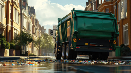A green garbage truck driving away after collecting waste, its rear compactor closed, leaving a clean residential street behindの素材
