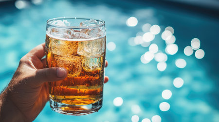 A hand gripping a cold glass of beer with ice cubes, glistening with condensation, perfect for a relaxing moment by the poolの素材