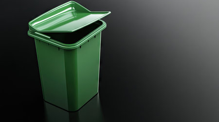 A green recycling bin with a slightly open lid, placed on a reflective black surface with a soft white glowの素材