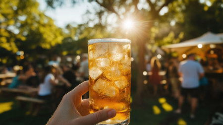 A hand holding a tall, frosty glass of beer filled with ice cubes, glistening with condensation under the sun at an outdoor gatheringの素材