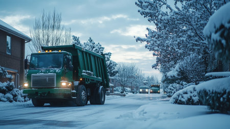 A green garbage truck working in a snowy environment, lifting waste bins from a driveway covered in snow and iceの素材