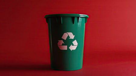 A green trash bin with a bold recycling icon, set against a vibrant red background for striking visual contrastの素材
