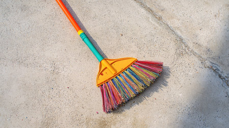 A plastic broom with multicolored bristles sweeping trash on a clean, light-colored concrete floor in a public spaceの素材