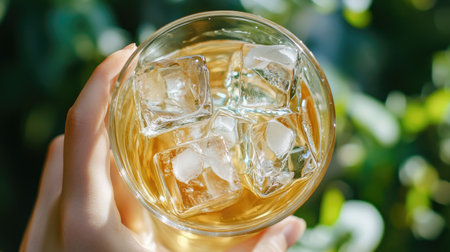 A hand holding a glass of ice-cold beer with clear ice cubes, perfectly chilled, on a hot sunny day at an outdoor partyの素材