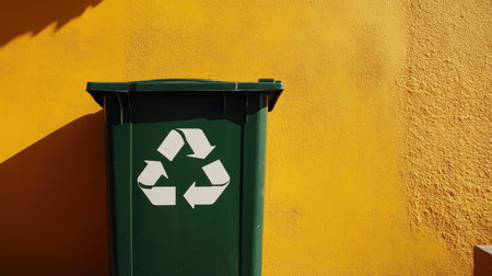 A green recycling container with bold white symbols, photographed from a side angle against a vibrant yellow backgroundの素材