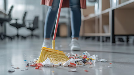 A person using a plastic broom to sweep up trash from a floor in a minimalist office space, focusing on cleanliness and organizationの素材