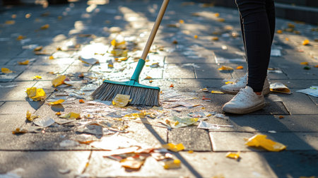 A person sweeping up paper, plastic, and leaves using a plastic broom on an outdoor patio, with sunlight casting shadowsの素材