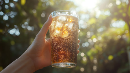 A hand holding a tall, frosty glass of beer filled with ice cubes, glistening with condensation under the sun at an outdoor gatheringの素材