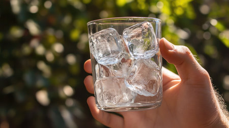 A hand holding a glass of ice-cold beer with clear ice cubes, perfectly chilled, on a hot sunny day at an outdoor partyの素材