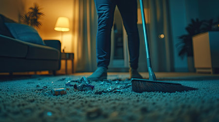 A person sweeping garbage from a carpeted living room with a plastic broom, with soft lighting creating a cozy atmosphereの素材