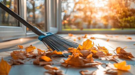 A plastic broom in use to sweep fallen leaves and paper onto a dustpan in a bright, airy home environmentの素材
