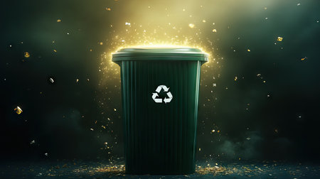 A green recycling bin with a white logo, surrounded by a faint halo of light, isolated on a transparent or gradient backgroundの素材