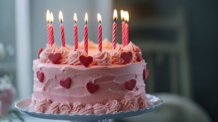 A pink buttercream frosted cake adorned with heart-shaped decorations and vibrant red candles glowing warmlyの素材