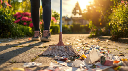 A person using a plastic broom to clear litter and paper from a driveway, with a sunny background and garden visibleの素材