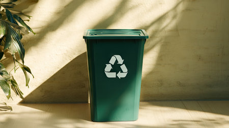A plastic green recycling bin with white icons, resting on a light wooden surface with a subtle eco-friendly messageの素材