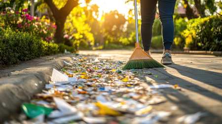 A person using a plastic broom to clear litter and paper from a driveway, with a sunny background and garden visibleの素材
