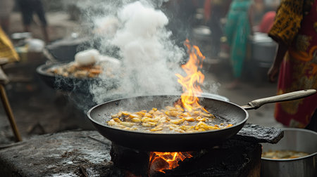 A high-energy shot of a frying pan on fire at a street food stall, with smoke and sizzling sounds captured in the momentの素材