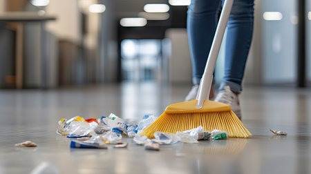 A person using a plastic broom to sweep up trash from a floor in a minimalist office space, focusing on cleanliness and organizationの素材