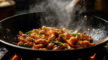 A sizzling stir-fry of chicken, cashews, and spring onions captured mid-flip above a wok pan, with heat waves visible in the airの素材