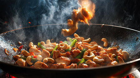 A sizzling stir-fry of chicken, cashews, and spring onions captured mid-flip above a wok pan, with heat waves visible in the airの素材
