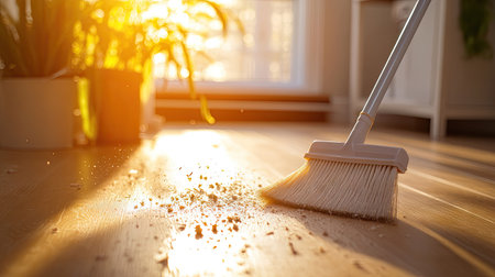 A plastic broom sweeping debris and dust from a wooden floor in a home office, with natural light coming through the windowの素材