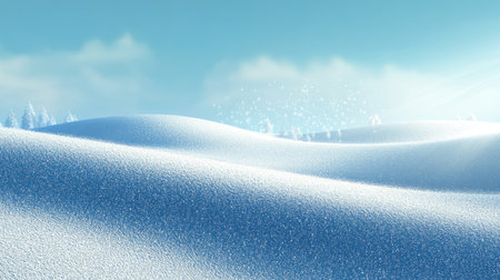A serene landscape of snow drifts under a clear blue sky, the snow sparkling in the sunlight like diamonds, with faint shadows creating depth and textureの素材