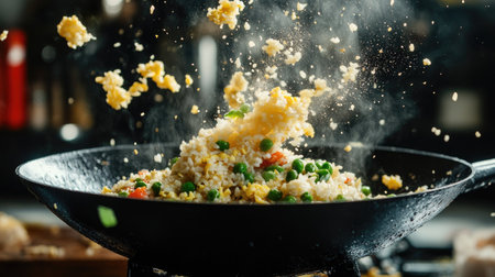 A high-energy shot of flying rice, peas, and scrambled eggs over a wok pan, capturing the essence of fried rice preparationの素材