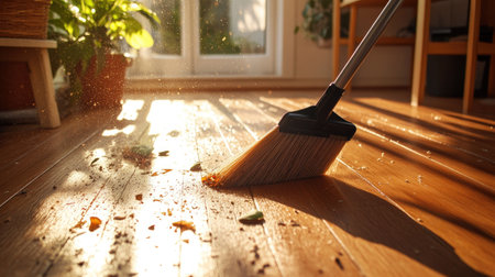 A plastic broom sweeping debris and dust from a wooden floor in a home office, with natural light coming through the windowの素材
