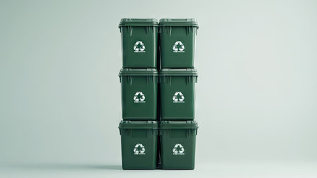 A stack of green bins with recycling logos, isolated on a gradient white-to-light-gray background, symbolizing bulk waste managementの素材