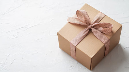 A small cardboard box with decorative ribbon tied around it, placed on a simple white surfaceの素材