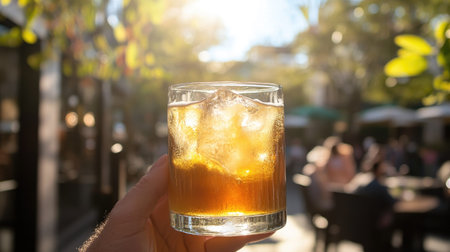 A refreshing glass of beer with ice being held in a hand, condensation visible on the glass, set against a background of a sunny outdoor sceneの素材