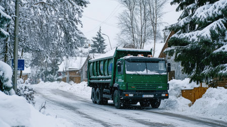 A green garbage truck working in a snowy environment, lifting waste bins from a driveway covered in snow and iceの素材
