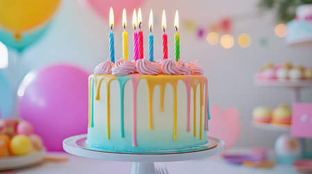 A modern drip cake with colorful frosting drips, topped with tall ombre candles and surrounded by a festive party tableの素材